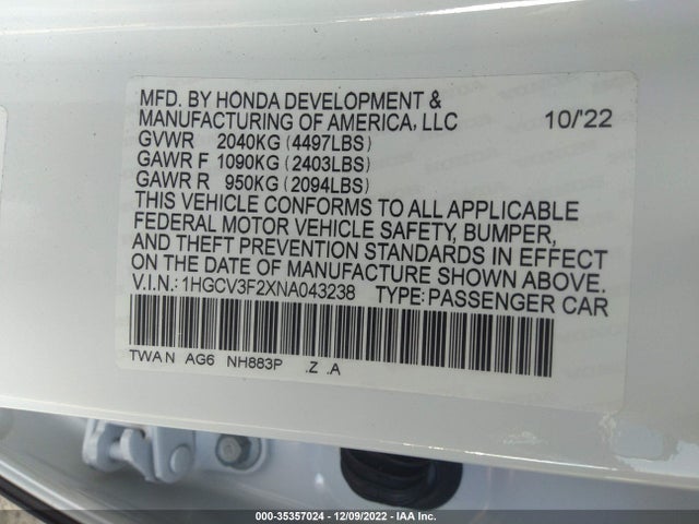 2022 Honda Accord, VIN: 1HGCV3F2XNA043238