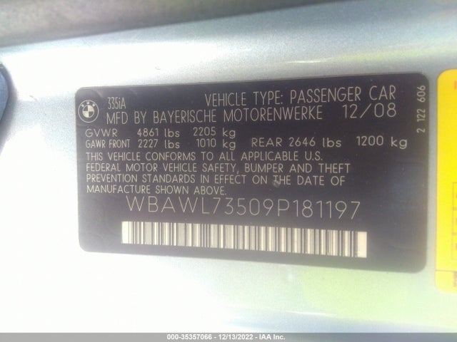 2009 BMW 3 SERIES 335I VIN: WBAWL73509P181197