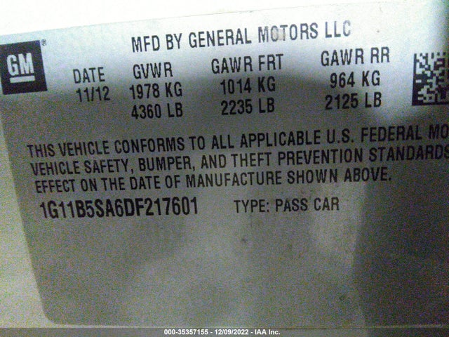 2013 CHEVROLET MALIBU LS VIN: 1G11B5SA6DF217601