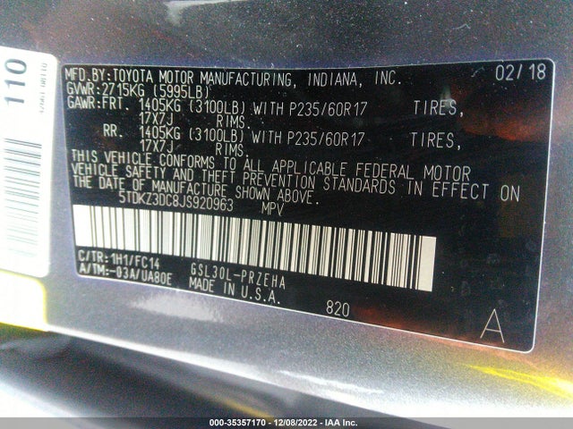 2018 Toyota Sienna, VIN: 5TDKZ3DC8JS920963