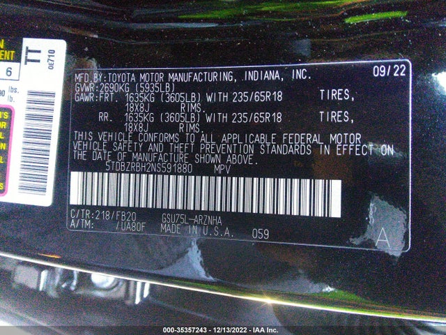 2022 Toyota Highlander, VIN: 5TDBZRBH2NS591880