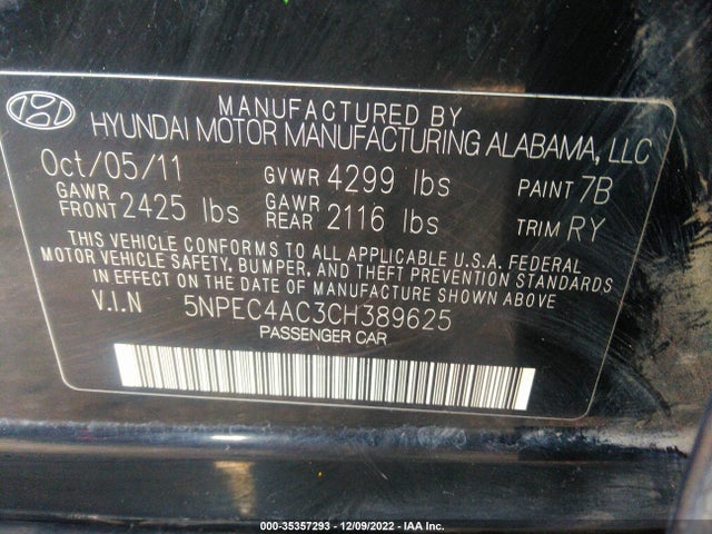 2012 HYUNDAI SONATA 2.4L SE VIN: 5NPEC4AC3CH389625
