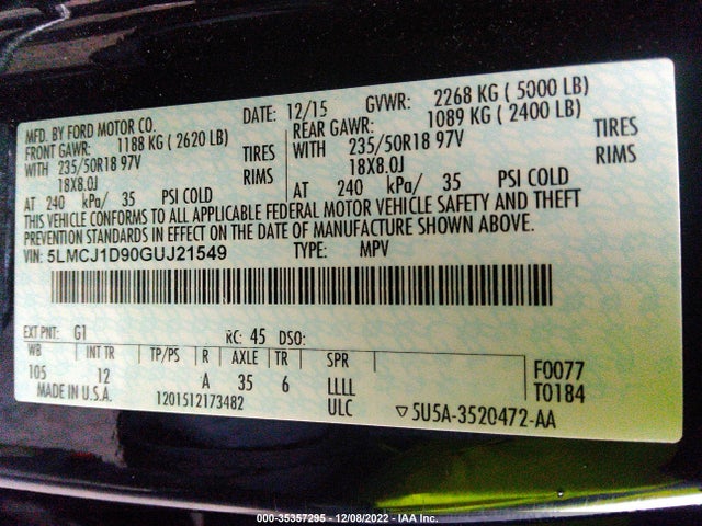 2016 Lincoln MKC, VIN: 5LMCJ1D90GUJ21549