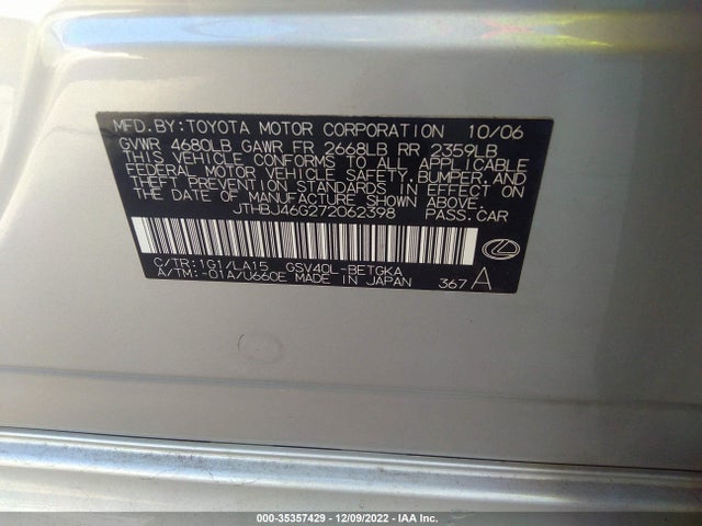 Lexus ES 2007 JTHBJ46G272062398 Image 10