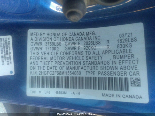 Honda Civic Sedan Lx 2021 2HGFC2F68MH554060 Image 10