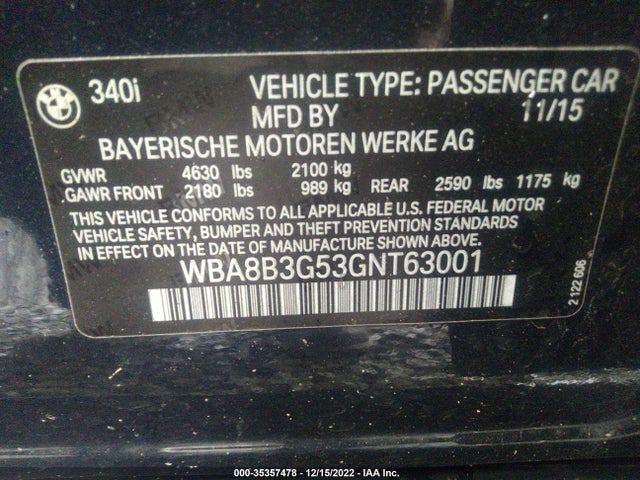 2016 BMW 3 Series, VIN: WBA8B3G53GNT63001