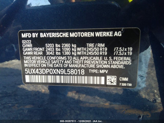 BMW X3 Sdrive30i 2022 5UX43DP0XN9L58018 Image 9