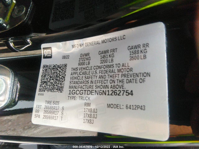 2022 Chevrolet Colorado, VIN: 1GCGTDEN6N1262754