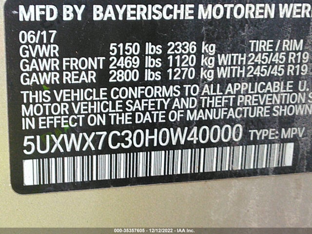2017 BMW X3, VIN: 5UXWX7C30H0W40000