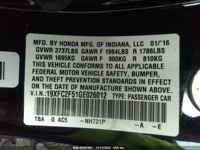 2016 HONDA CIVIC SEDAN LX VIN: 19XFC2F51GE026012