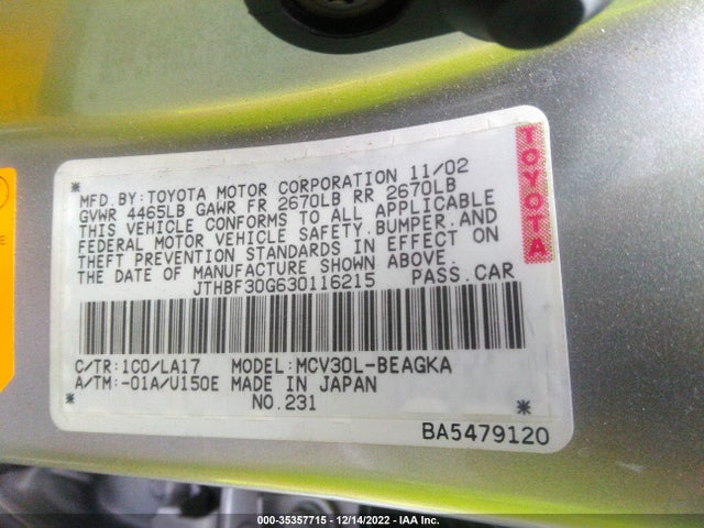 Lexus ES 300 2003 JTHBF30G630116215 Image 11