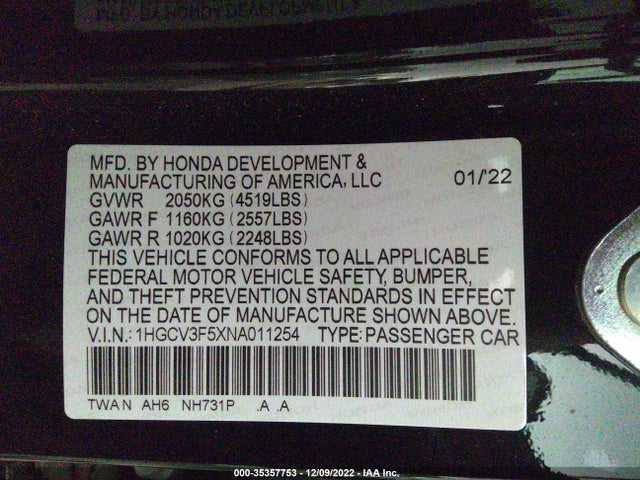 2022 Honda Accord, VIN: 1HGCV3F5XNA011254