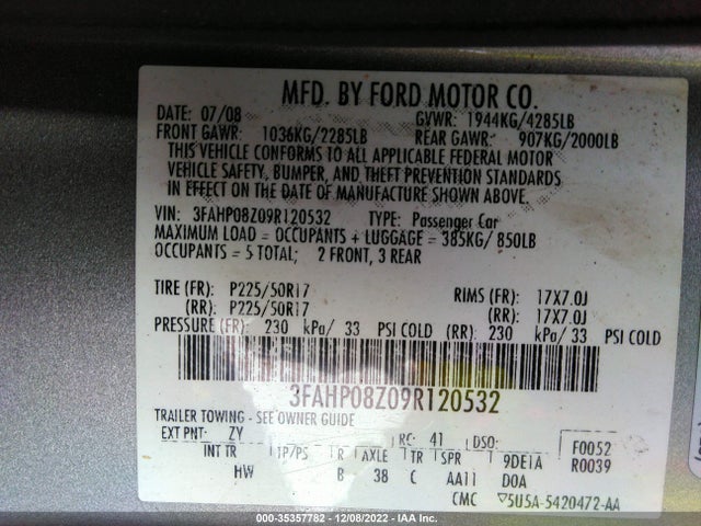 2009 FORD FUSION SEL VIN: 3FAHP08Z09R120532