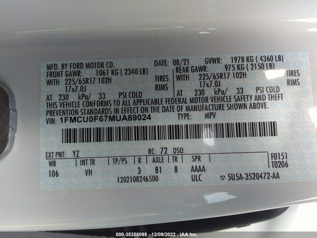 2021 Ford Escape, VIN: 1FMCU0F67MUA89024