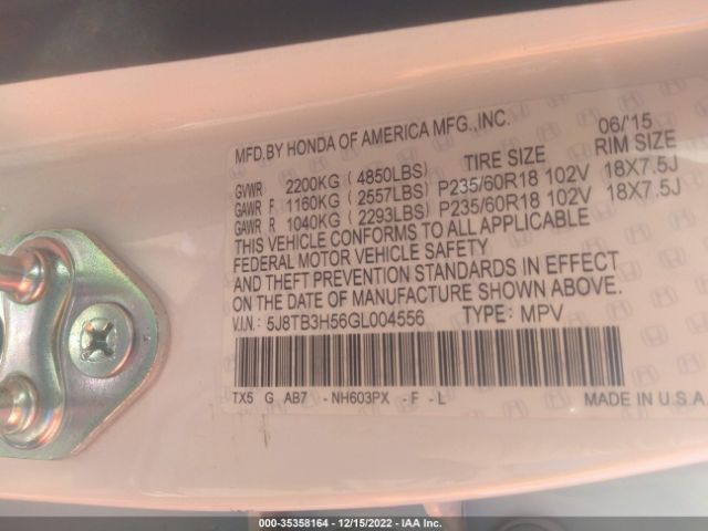 5J8TB3H56GL004556 Acura Rdx Tech Pkg/tech