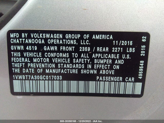 Volkswagen Passat 1.8t Se 2016 1VWBT7A30GC017033 Image 11