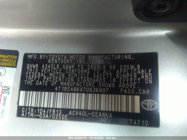 2007 TOYOTA CAMRY CE/LE/SE/XLE VIN: 4T1BE46KX7U636997