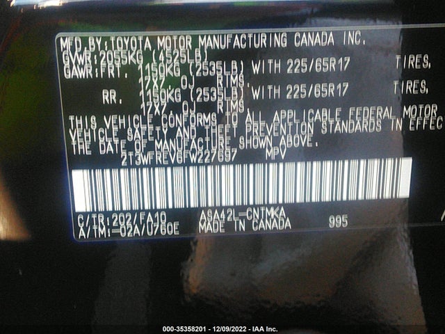 2015 TOYOTA RAV4 XLE VIN: 2T3WFREV6FW227697