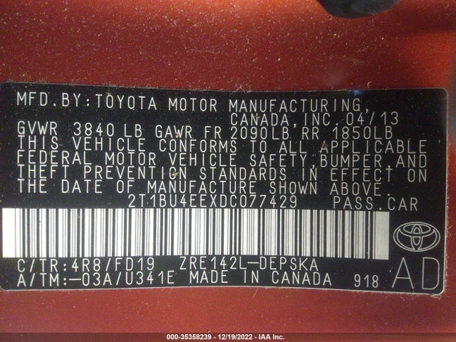 2013 TOYOTA COROLLA L/LE/S VIN: 2T1BU4EEXDC077429