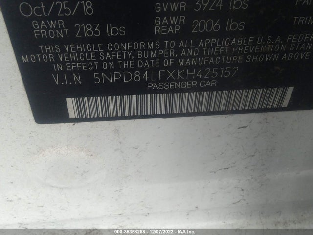 2019 HYUNDAI ELANTRA SEL VIN: 5NPD84LFXKH425152