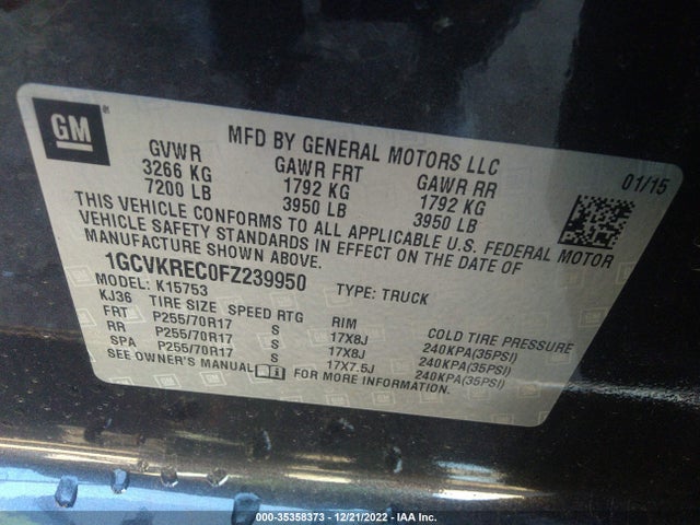 2015 CHEVROLET SILVERADO 1500 LT VIN: 1GCVKREC0FZ239950