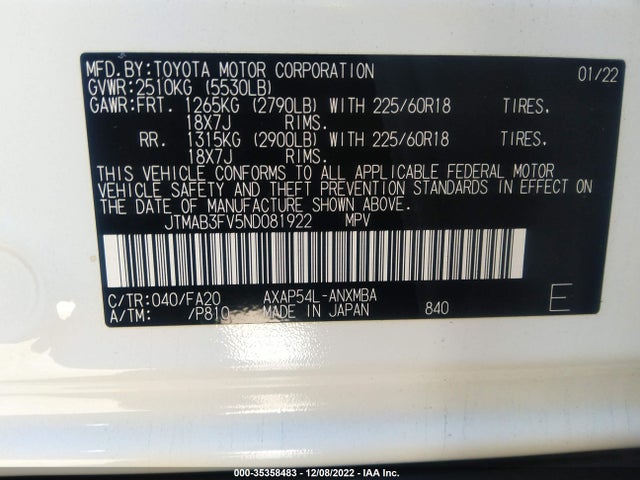 2022 Toyota RAV4, VIN: JTMAB3FV5ND081922