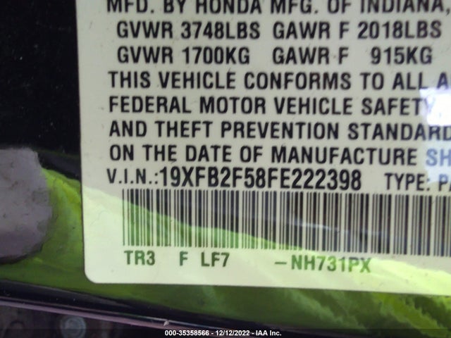 2015 HONDA CIVIC SEDAN LX VIN: 19XFB2F58FE222398