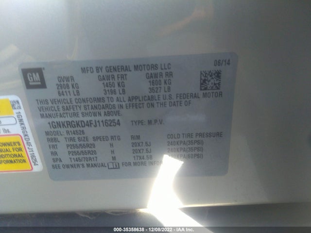 Chevrolet Traverse Lt 2015 1GNKRGKD4FJ116254 Image 9