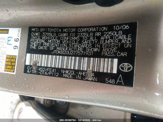 2007 TOYOTA PRIUS VIN: JTDKB20U277571931
