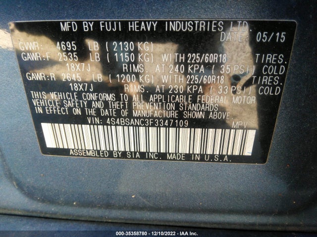 Subaru Outback 2015 4S4BSANC3F3347109 Image 10