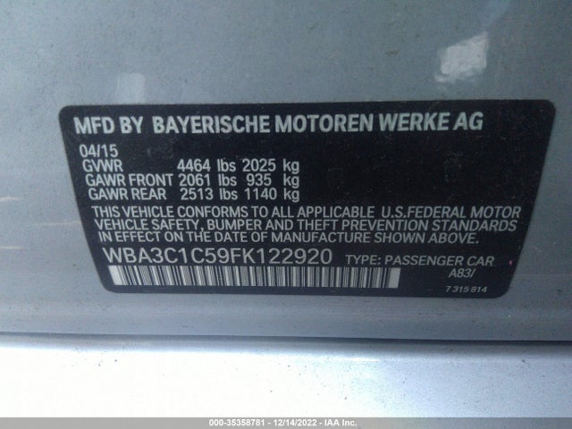 BMW 3 Series 328i 2015 WBA3C1C59FK122920 Image 9