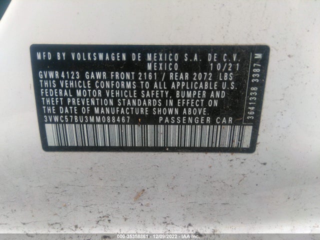 3VWC57BU3MM088467 Volkswagen Jetta S/se/r-line
