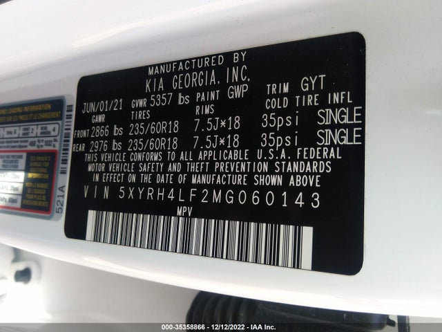 2021 Kia Sorento, VIN: 5XYRH4LF2MG060143