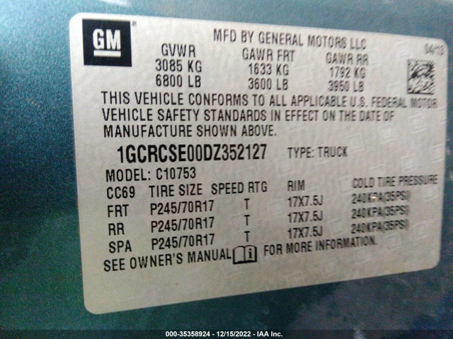 2013 CHEVROLET SILVERADO 1500 LT VIN: 1GCRCSE00DZ352127