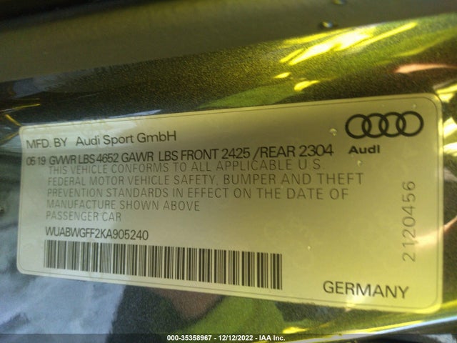 2019 Audi RS 3, VIN: WUABWGFF2KA905240