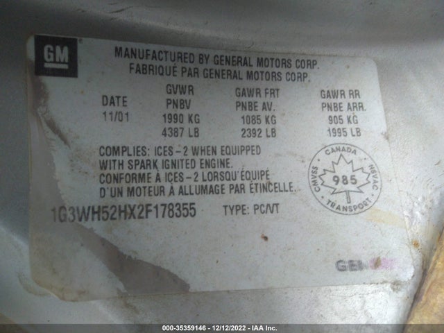 2002 OLDSMOBILE INTRIGUE GX VIN: 1G3WH52HX2F178355