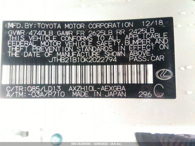 2019 Lexus ES, VIN: JTHB21B10K2022794