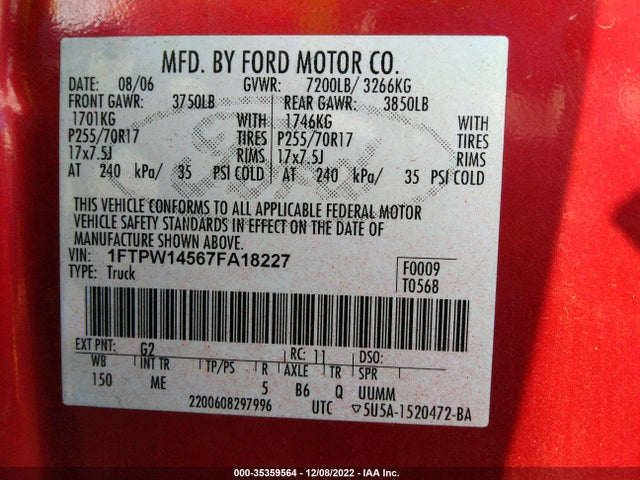 2007 FORD F-150 XLT/FX4/LARIAT/KING RANCH VIN: 1FTPW14567FA18227