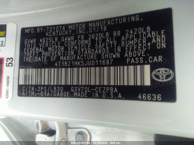 2018 Toyota Camry, VIN: 4T1BZ1HK5JU011687