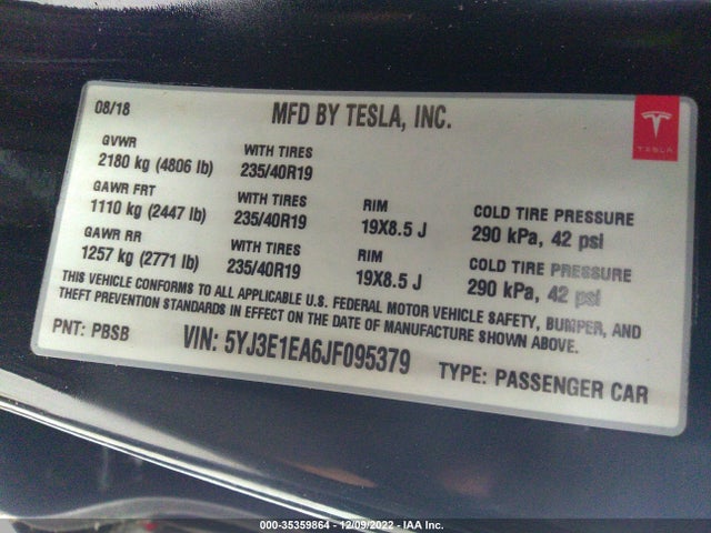 Tesla Model 3 Range Battery 2018 5YJ3E1EA6JF095379 Image 10