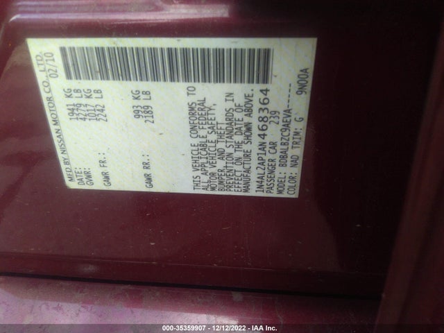 2010 NISSAN ALTIMA 2.5 S VIN: 1N4AL2AP1AN468364