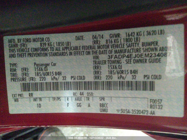 2014 FORD FIESTA SE VIN: 3FADP4EJ0EM234087