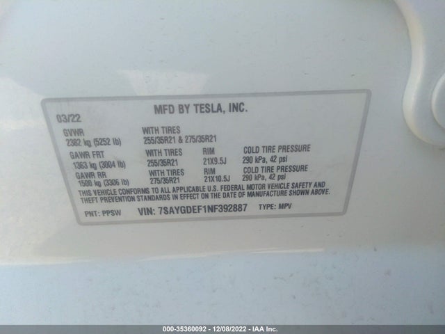 2022 Tesla Model Y, VIN: 7SAYGDEF1NF392887