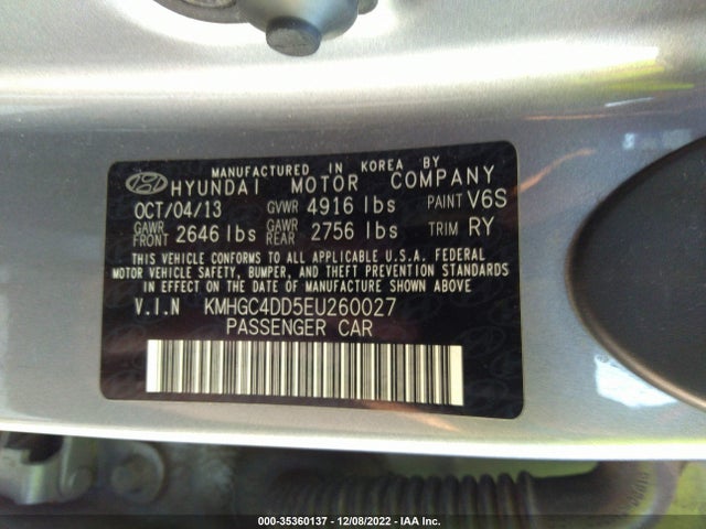 2014 HYUNDAI GENESIS 3.8 VIN: KMHGC4DD5EU260027