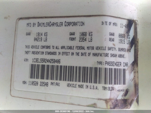 Chrysler Sebring 2004 1C3EL55R24N258406 Image 10