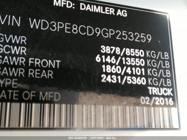 2016 Mercedes-Benz Sprinter, VIN: WD3PE8CD9GP253259