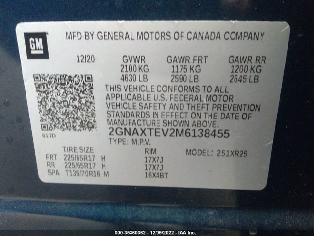 2021 Chevrolet Equinox, VIN: 2GNAXTEV2M6138455