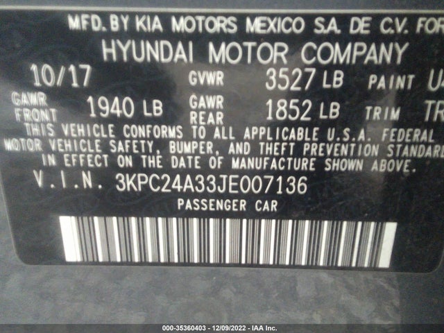 2018 Hyundai Accent, VIN: 3KPC24A33JE007136
