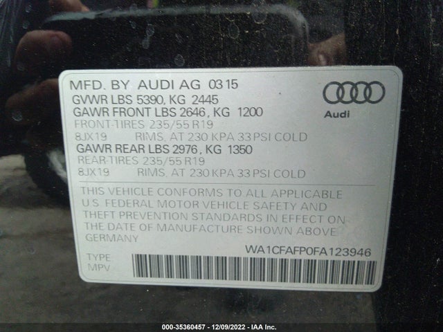 2015 AUDI Q5 PREMIUM VIN: WA1CFAFP0FA123946