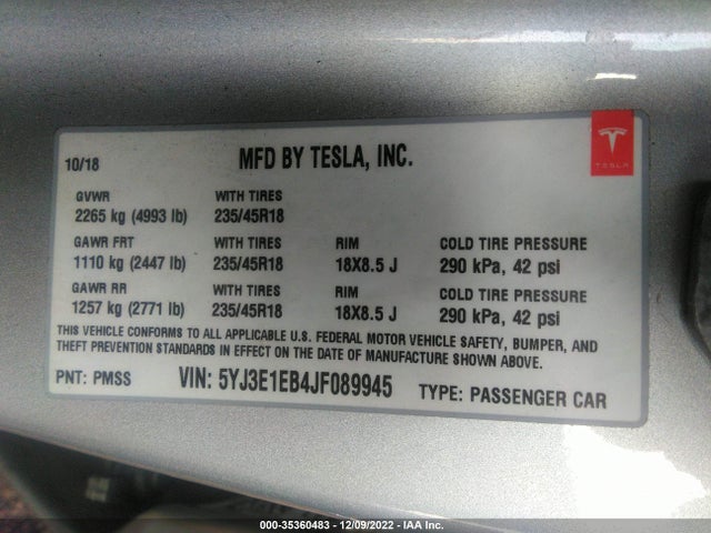 Tesla MODEL 3 2018 5YJ3E1EB4JF089945 Image 10